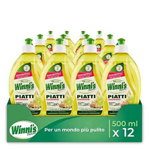 Winni's - Detersivo Piatti e Stoviglie a Mano, Ipoallergenico e Delicato sulla Pelle, 500 ml x 12 Confezioni